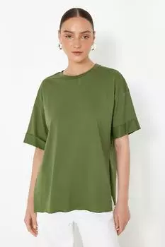Женская модная новая футболка цвета хаки, 100% хлопок, асимметричная трикотажная футболка с двойными рукавами для бойфренда