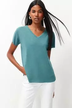 Женская модная новая футболка Indigo Модальная трикотажная футболка с v-образным вырезом и коротким рукавом