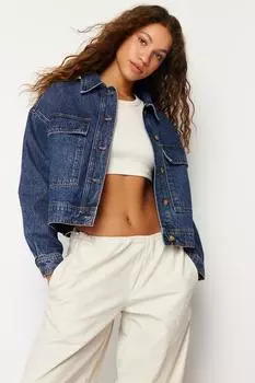 Женская модная новая куртка темно-синего цвета, более устойчивая джинсовая куртка с карманами и подробными деталями