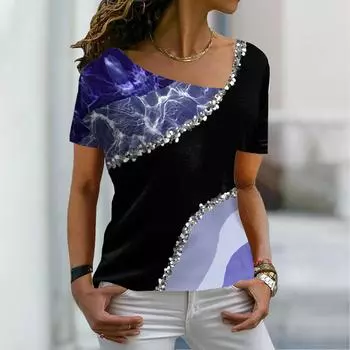 Женская модная новая яркая футболка с принтом в виде бриллиантов и блесток с коротким рукавом и V-образным вырезом, базовый топ, летняя футболка XS-8XL S