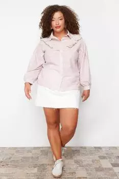 Женская модная новая рубашка большого размера, бежевая хлопковая рубашка с рюшами