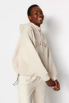 Женская модная новая толстовка с толстым слоем внутри, флисовый трикотаж с детальной лентой, вязаная толстовка с капюшоном