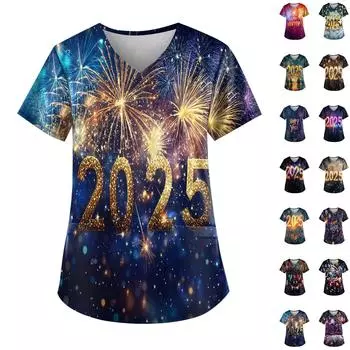 Женская модная новогодняя футболка с короткими рукавами, V-образным вырезом и маленьким карманом XXXL синий