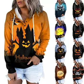 Женская модная облегающая толстовка с капюшоном и длинным рукавом с принтом на Хэллоуин XL оранжевый