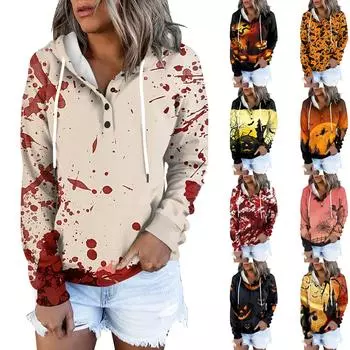 Женская модная облегающая толстовка с капюшоном и длинным рукавом с принтом на Хэллоуин M винный