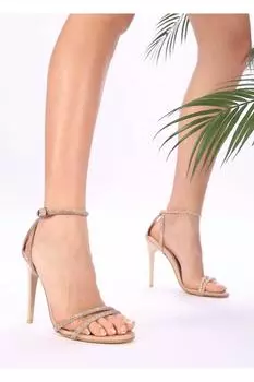 Женская модная обувь на каблуке Бежевые туфли на каменном каблуке в рубчик