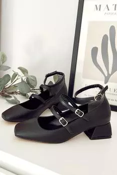 Женская модная обувь на каблуке, черная матовая кожа, закрытая спина, трехполосный шлем с квадратным носком, короткие туфли на блочном каблуке