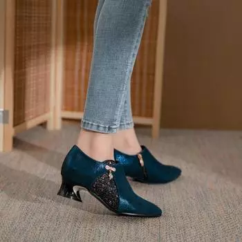 Женская модная обувь, новая женская обувь на толстом каблуке с неглубоким носком, вечерние туфли в форме каблука с блокирующим цветом, повседневная универсальная обувь 34 темно-синий