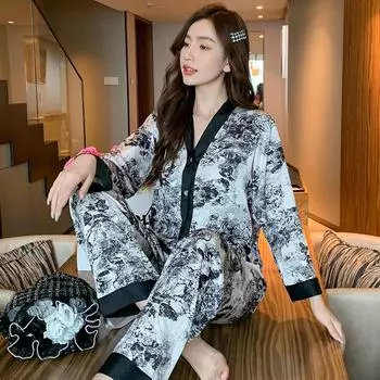 Женская модная одежда больших размеров для весны и осени с принтом, домашняя одежда из 2 предметов, V-образный вырез, длинные рукава, длинные брюки, пижамный комплект, летняя домашняя одежда из тонкого ледяного шелка M розы красного
