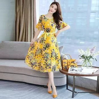 Женская модная одежда, летнее шифоновое длинное тонкое пляжное платье с цветочным принтом, повседневное платье XL жёлтый
