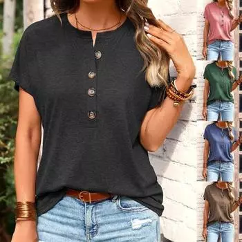 Женская модная одежда, летние топы для женщин, повседневные футболки с короткими рукавами, однотонные рубашки на пуговицах, женские свободные блузки больших размеров S чёрный