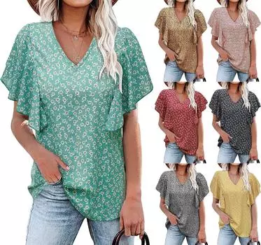 Женская модная одежда, повседневные топы с короткими рукавами, блузки с цветочным принтом, женская футболка с v-образным вырезом и рукавами «летучая мышь» S чёрный