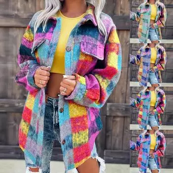 Женская модная однобортная элегантная куртка-рубашка с длинными рукавами и отворотами, осенняя куртка с цветным принтом, шерстяная куртка L синий