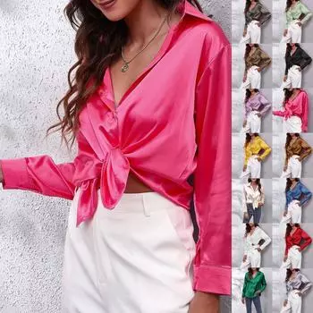 Женская модная однотонная атласная шелковая рубашка с длинными рукавами, атласная рубашка с имитацией шелка, топ L чёрный