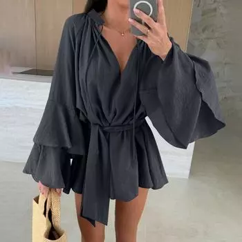 Женская модная однотонная блузка с V-образным вырезом, нерегулярным кружевом и длинными рукавами свободного кроя L