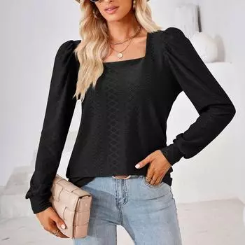 Женская модная однотонная футболка с длинным рукавом и квадратным вырезом L чёрный