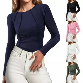 Женская модная однотонная футболка с длинным рукавом и круглым вырезом на груди L чёрный