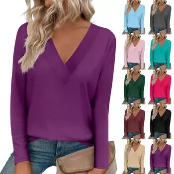 Женская модная однотонная футболка с длинными рукавами и большим v-образным вырезом спереди и изогнутым подолом XL