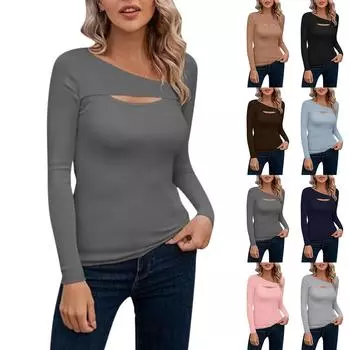 Женская модная однотонная футболка с длинными рукавами, сексуальная, облегающая, с открытыми плечами и низом M чёрный