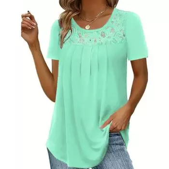 Женская модная однотонная футболка с короткими рукавами и кружевом, с верхним воротником S белый