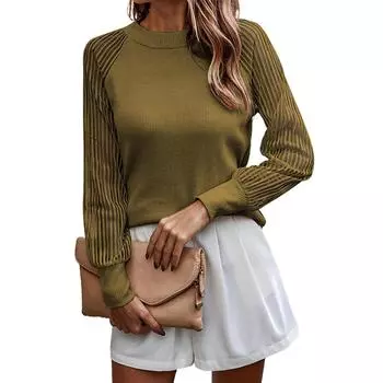 Женская модная однотонная футболка с круглым вырезом и сетчатым узором, повседневный топ L армия зеленый