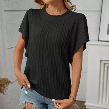 Женская модная однотонная футболка с круглым вырезом, двухслойной оборкой и коротким рукавом XXL чёрный