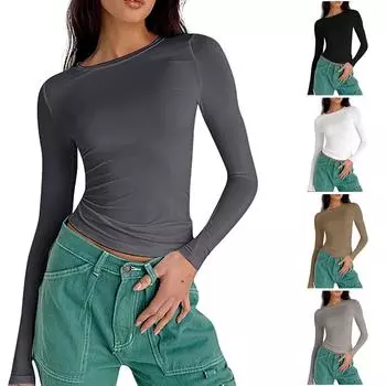 Женская модная однотонная футболка с круглым вырезом и длинными рукавами, топ M чёрный