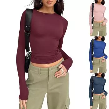 Женская модная однотонная футболка с круглым вырезом и длинными рукавами, топ