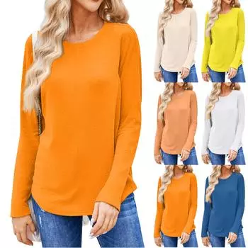 Женская модная однотонная футболка с круглым вырезом и длинным рукавом, повседневные осенние топы XL жёлтый