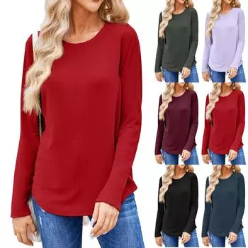 Женская модная однотонная футболка с круглым вырезом и длинным рукавом, повседневные осенние топы S