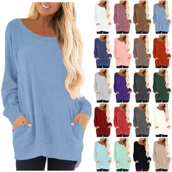 Женская модная однотонная футболка с круглым вырезом, длинный рукав, свитер, повседневный топ L хаки