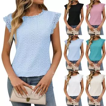 Женская модная однотонная футболка с круглым вырезом и коротким рукавом с кружевным узором XXL чёрный