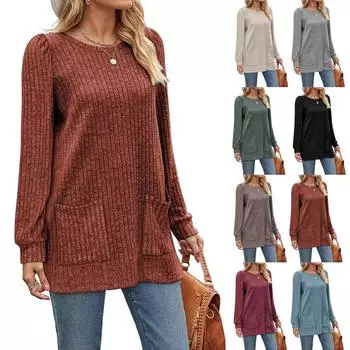 Женская модная однотонная футболка с круглым вырезом и длинными рукавами и карманами L армия зеленый