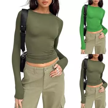 Женская модная однотонная футболка с круглым вырезом и длинными рукавами, топ L