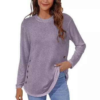 Женская модная однотонная футболка с круглым вырезом на пуговицах, свободный повседневный топ с длинным рукавом XL фиолетовый