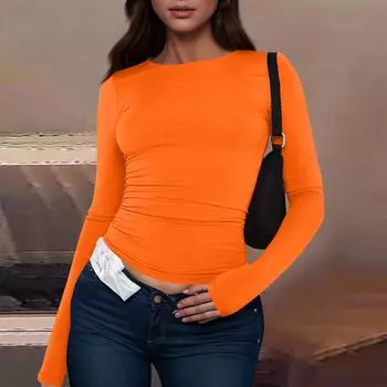 Женская модная однотонная футболка с круглым вырезом и длинными рукавами, топ L оранжевый