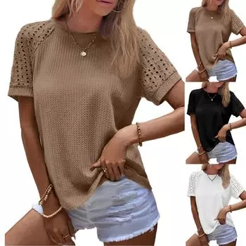 Женская модная однотонная футболка с круглым вырезом и короткими рукавами L чёрный