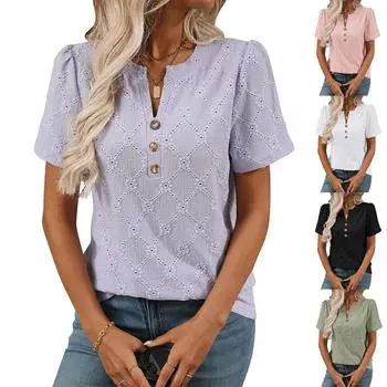 Женская модная однотонная футболка с круглым вырезом и коротким рукавом на пуговицах L чёрный