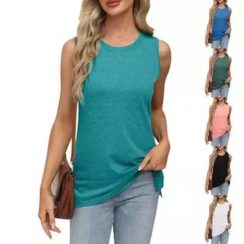 Женская модная однотонная футболка с круглым вырезом без рукавов и разрезом, свободная майка, топ L чёрный