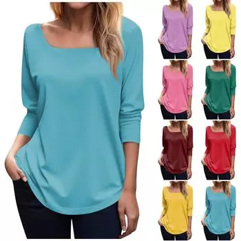 Женская модная однотонная футболка с квадратным вырезом и длинными рукавами L