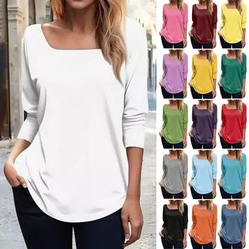 Женская модная однотонная футболка с квадратным вырезом и длинными рукавами L чёрный