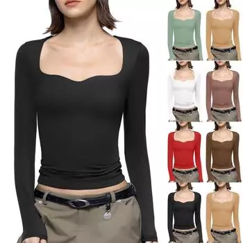 Женская модная однотонная футболка с квадратным вырезом и длинными рукавами, топ L чёрный