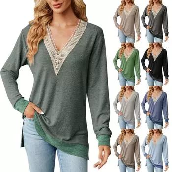 Женская модная однотонная футболка с V-образным вырезом, кружевом, разрезом, свободным длинным рукавом L армия зеленый