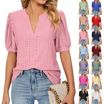 Женская модная однотонная футболка с v-образным вырезом, свободный топ с объемными рукавами L чёрный