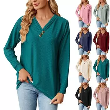 Женская модная однотонная футболка с V-образным вырезом и пуговицами, свободная, с длинным рукавом L чёрный