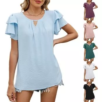 Женская модная однотонная футболка с V-образным вырезом и двойными рукавами L чёрный