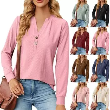 Женская модная однотонная футболка с V-образным вырезом и пуговицами, свободная, с длинным рукавом XL