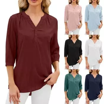 Женская модная однотонная футболка с V-образным вырезом, свободный топ с рукавами Five Points и пуговицами M