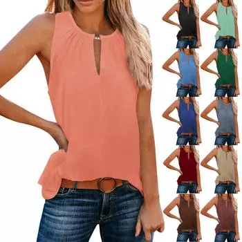 Женская модная однотонная футболка с V-образным вырезом и пряжкой, повседневный топ без рукавов XL чёрный