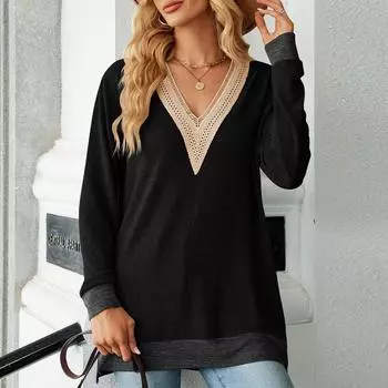 Женская модная однотонная футболка с V-образным вырезом, кружевом, разрезом, свободным длинным рукавом M чёрный